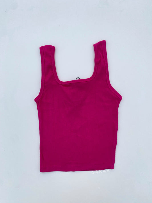 Hot Pink Color Square Neck Sleeveless Tank Top