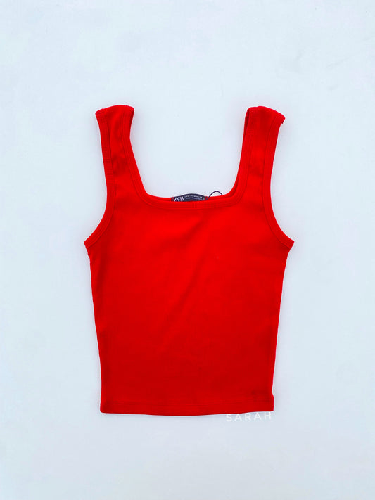 Red Color Square Neck Sleeveless Tank Top